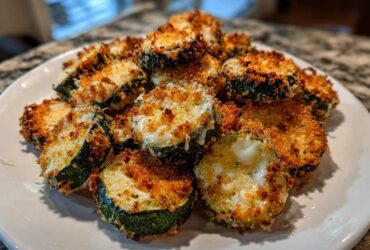 A pile of crispy, golden brown baked parmesan zucchini slices topped with melted cheese.
