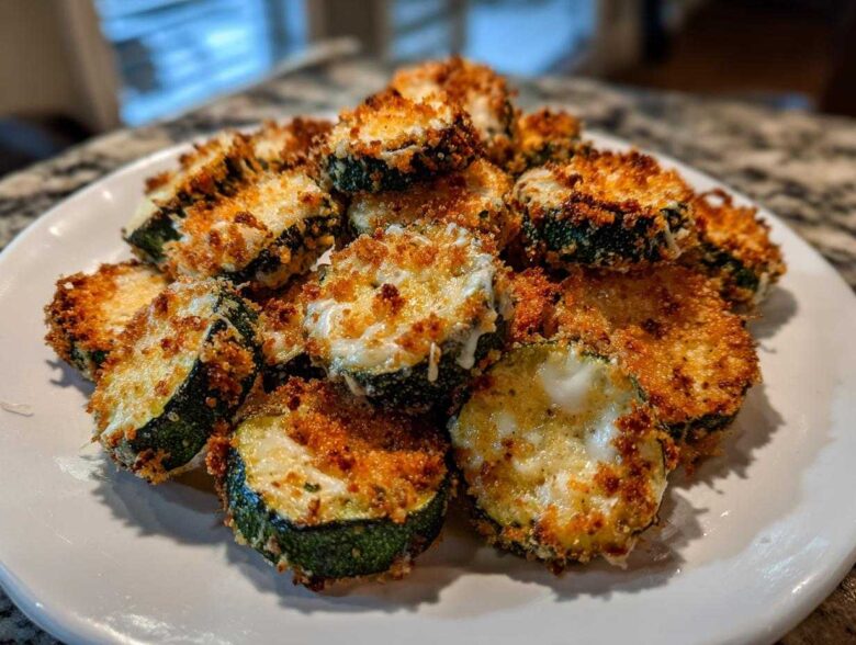 A pile of crispy, golden brown baked parmesan zucchini slices topped with melted cheese.