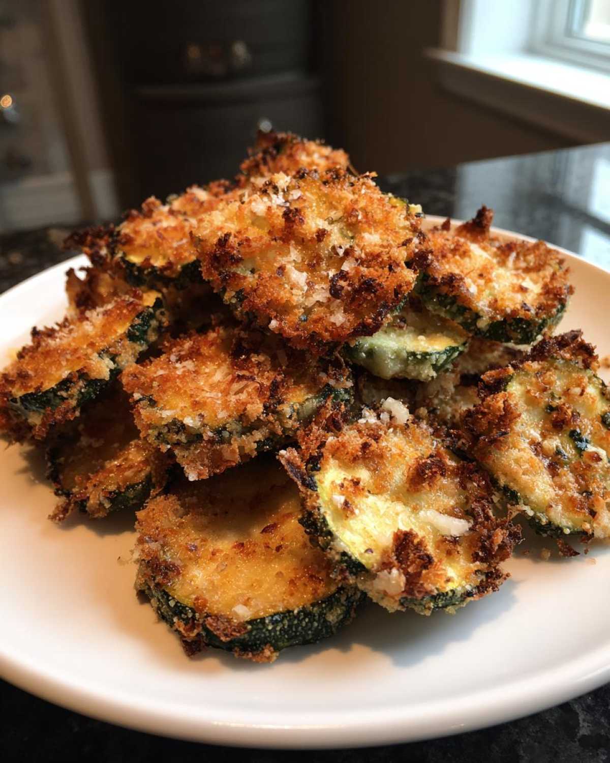 A pile of golden brown, crispy baked parmesan zucchini slices sprinkled with extra cheese on a white plate.