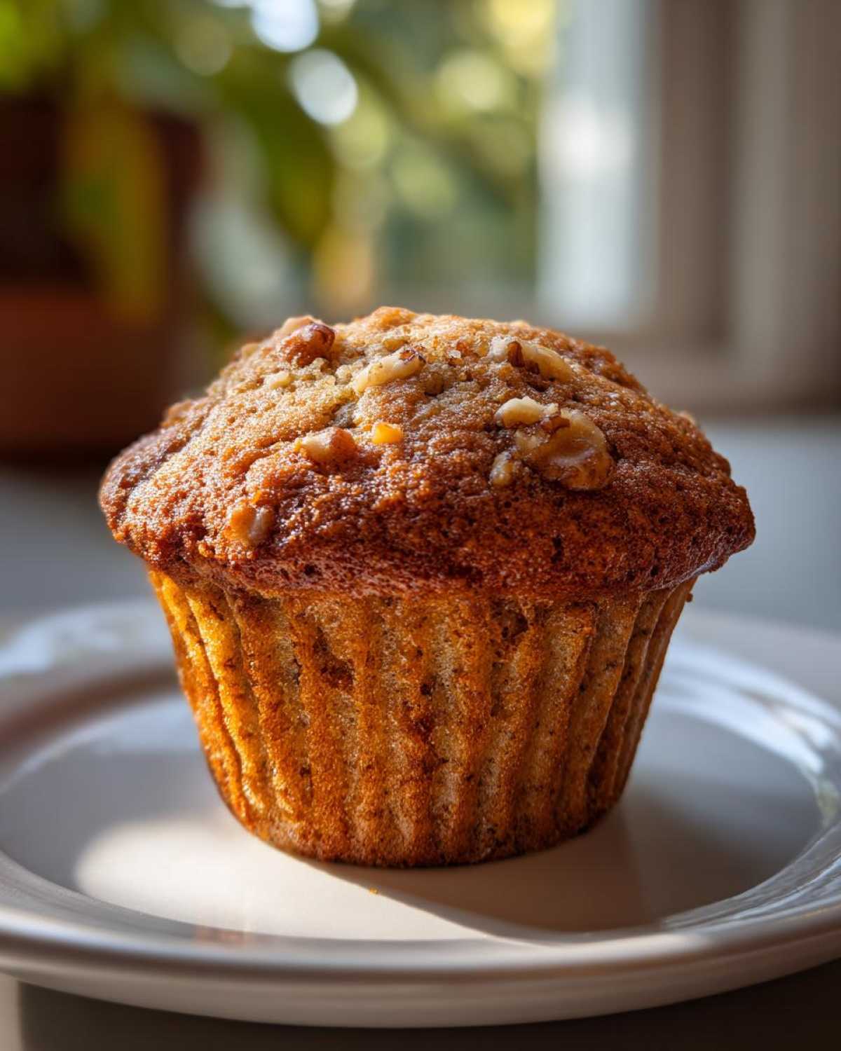 A close-up of a golden-brown banana nut muffin topped with chopped walnuts, sitting on a white plate.
