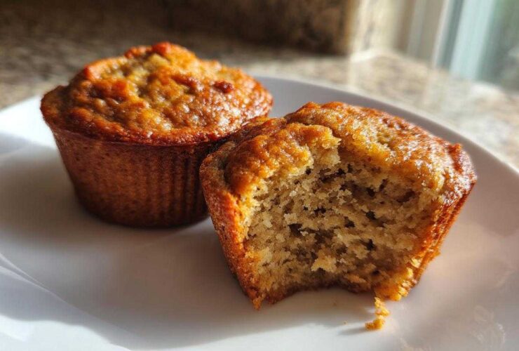 Two golden-brown banana protein muffins on a white plate, one with a bite taken out showing the moist interior.