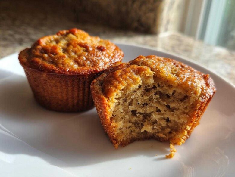 Two golden-brown banana protein muffins on a white plate, one with a bite taken out showing the moist interior.