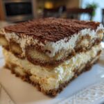 Close-up of a perfect square slice of tiramisu recipe, showing layers of cream and coffee-soaked ladyfingers, dusted with cocoa.