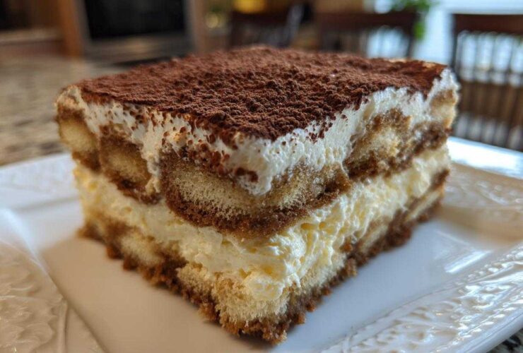 Close-up of a perfect square slice of tiramisu recipe, showing layers of cream and coffee-soaked ladyfingers, dusted with cocoa.