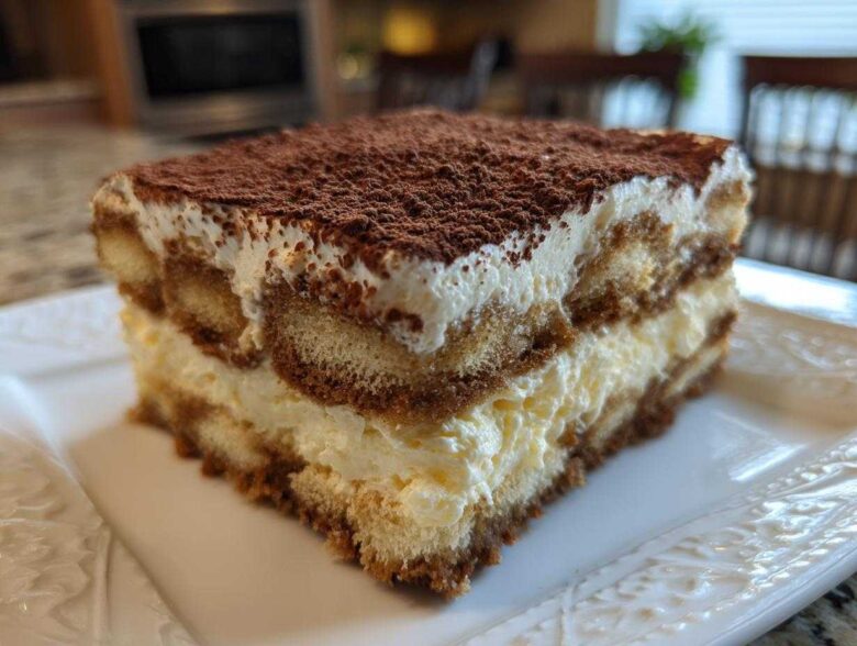 Close-up of a perfect square slice of tiramisu recipe, showing layers of cream and coffee-soaked ladyfingers, dusted with cocoa.