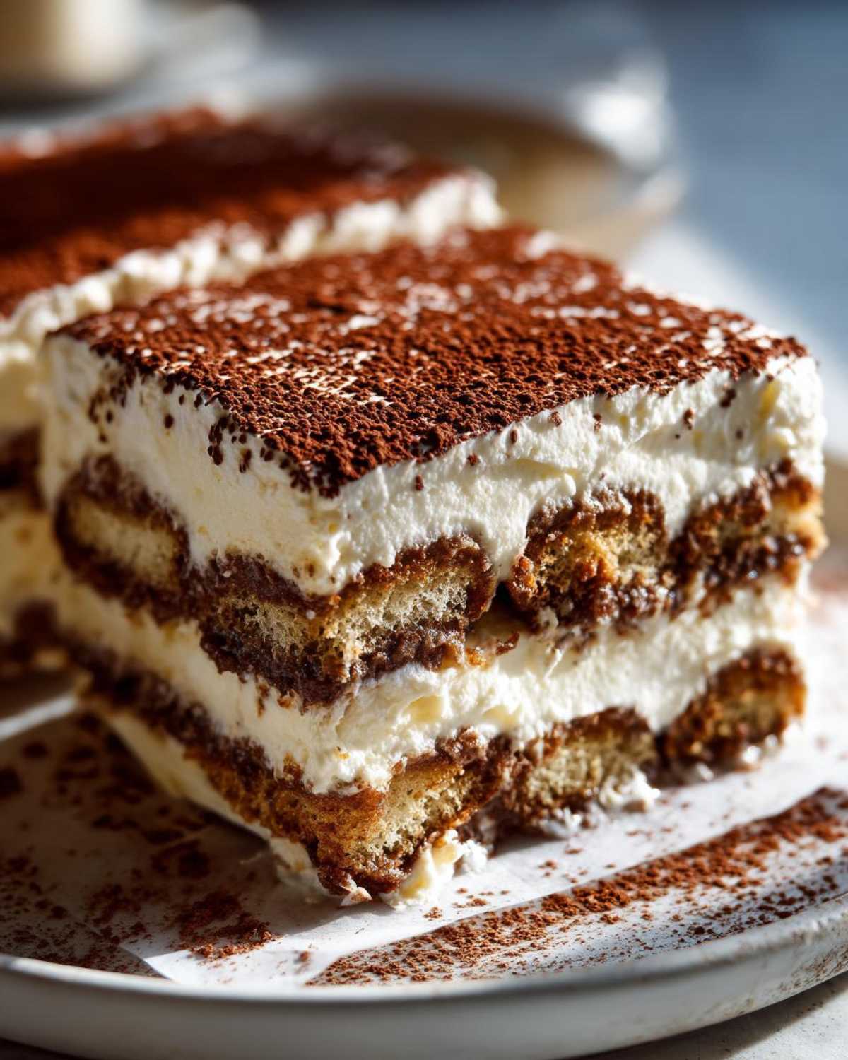 Close-up of a layered slice of tiramisu recipe, dusted heavily with cocoa powder.