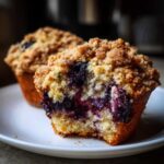 Close-up of a halved blueberry muffin showing moist interior packed with blueberries and a sugary crumb topping.