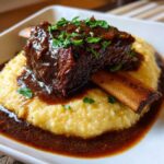 A close-up of a tender braised short ribs served over creamy yellow polenta, drizzled with rich brown sauce and garnished with parsley.