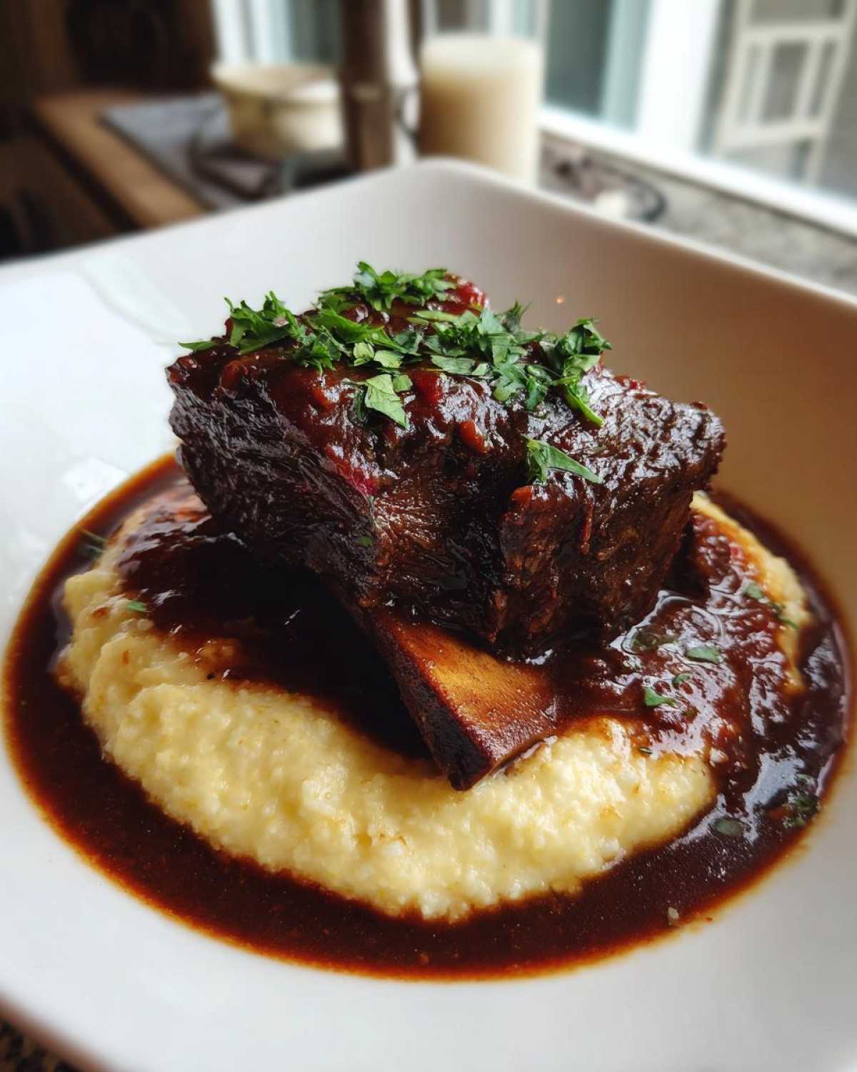 A single serving of tender braised short ribs glazed with dark sauce, served over creamy polenta and garnished with parsley.