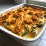 A close-up of a freshly baked broccoli casserole with a golden, cheesy, and crunchy breadcrumb topping.