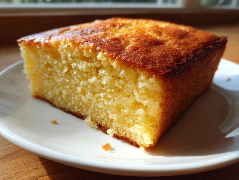 A close-up shot of a thick, golden slice of buttermilk cornbread resting on a white plate.