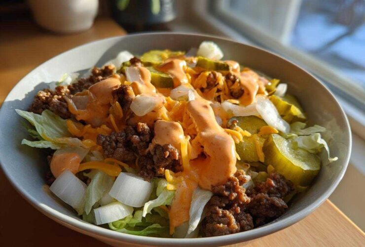 A close-up of a delicious cheeseburger bowl featuring ground beef, lettuce, pickles, onions, cheese, and special sauce.