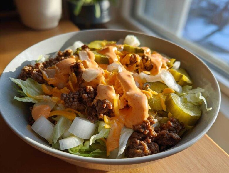 A close-up of a delicious cheeseburger bowl featuring ground beef, lettuce, pickles, onions, cheese, and special sauce.
