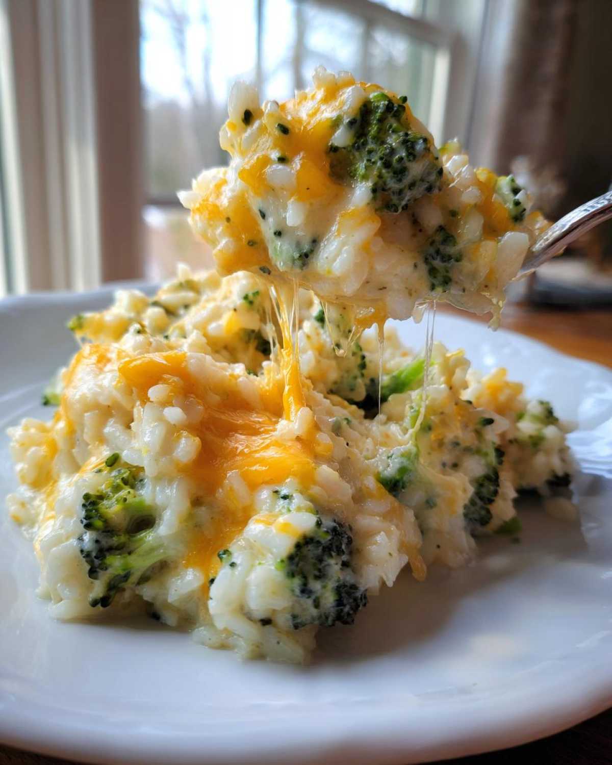 A spoonful of creamy, cheesy broccoli rice being lifted, showing melted cheese strings.