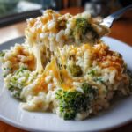 A fork lifts a cheesy, gooey portion of creamy broccoli rice, showing long cheese pulls.