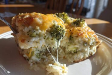 A serving of cheesy broccoli rice casserole being lifted with a fork, showing melted cheese strings.