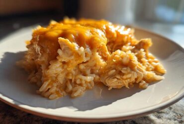 A close-up serving of creamy, cheesy chicken and rice casserole topped with melted cheddar cheese.