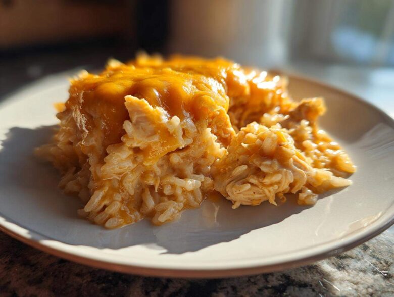 A close-up serving of creamy, cheesy chicken and rice casserole topped with melted cheddar cheese.