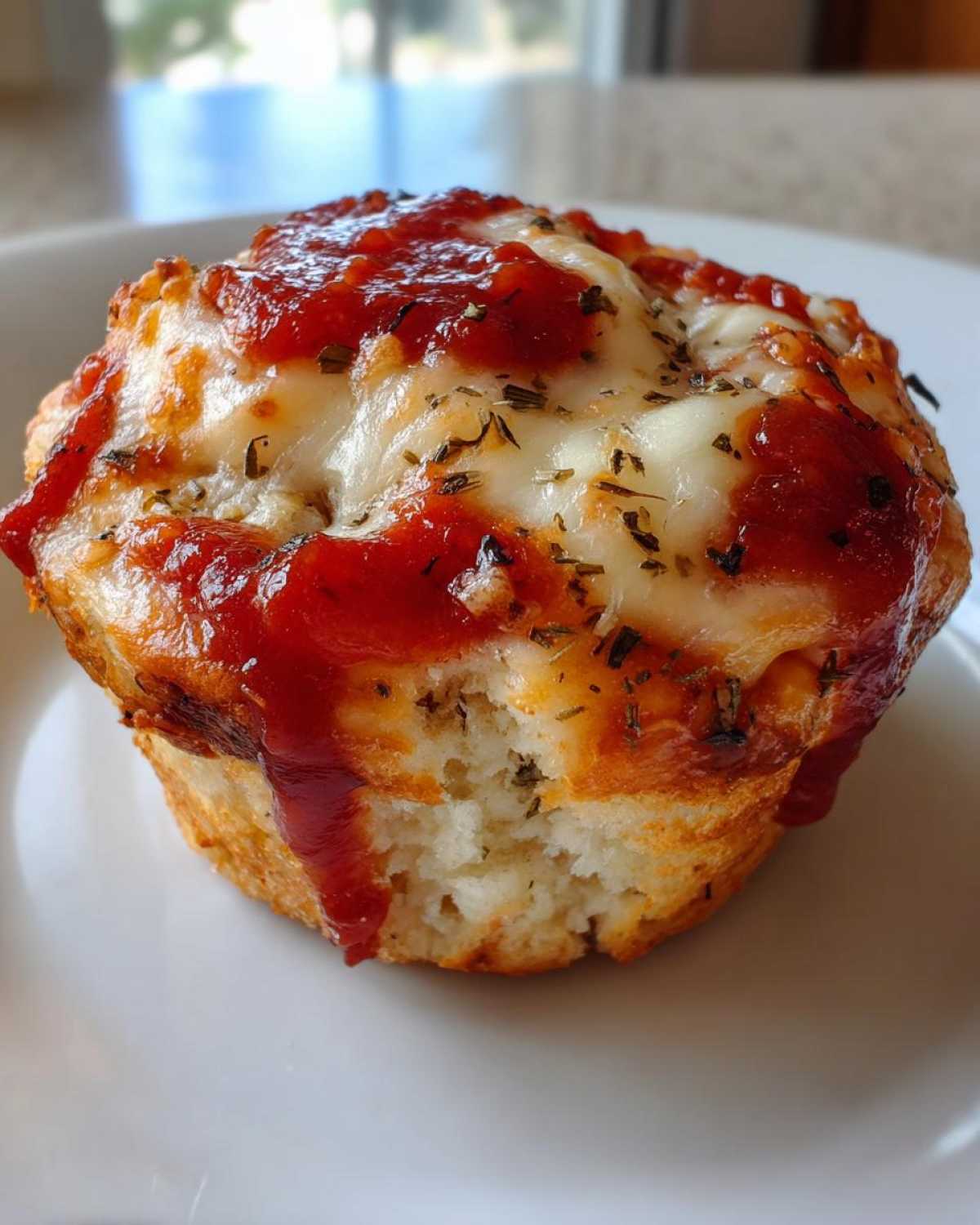 A single, freshly baked pizza muffin topped with melted mozzarella cheese, bright red sauce, and herbs.