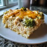 A close-up serving of creamy chicken broccoli rice casserole topped with melted golden cheese.