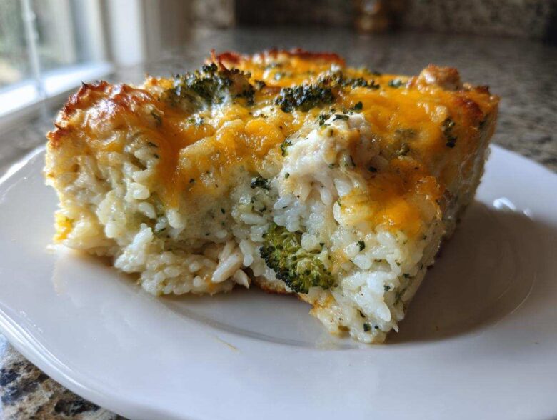 A square slice of baked chicken broccoli rice casserole topped with melted cheddar cheese.