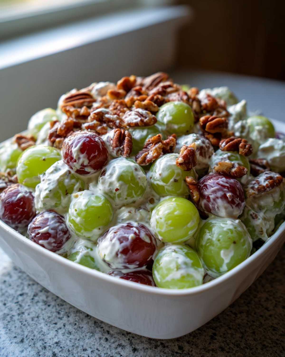 Close-up of a creamy chicken salad chick grape salad featuring red and green grapes coated in dressing and topped with pecans.
