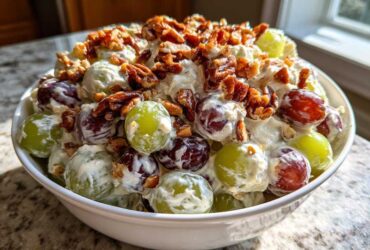 A white bowl filled with creamy chicken salad chick grape salad, topped with toasted pecans.