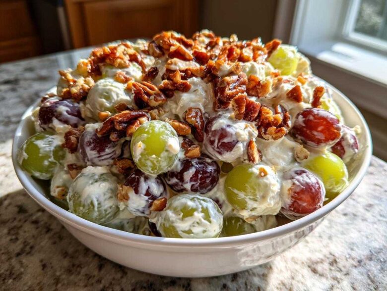 A white bowl filled with creamy chicken salad chick grape salad, topped with toasted pecans.