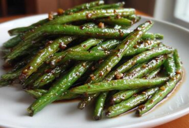 Close-up of vibrant green beans coated in a glossy, dark garlic sauce, ready to serve.