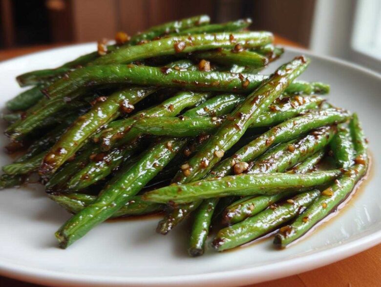 Close-up of vibrant green beans coated in a glossy, dark garlic sauce, ready to serve.