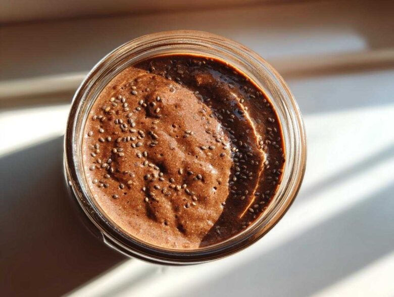 Overhead view of rich chocolate overnight oats topped with chia seeds in a glass jar, illuminated by sunlight.