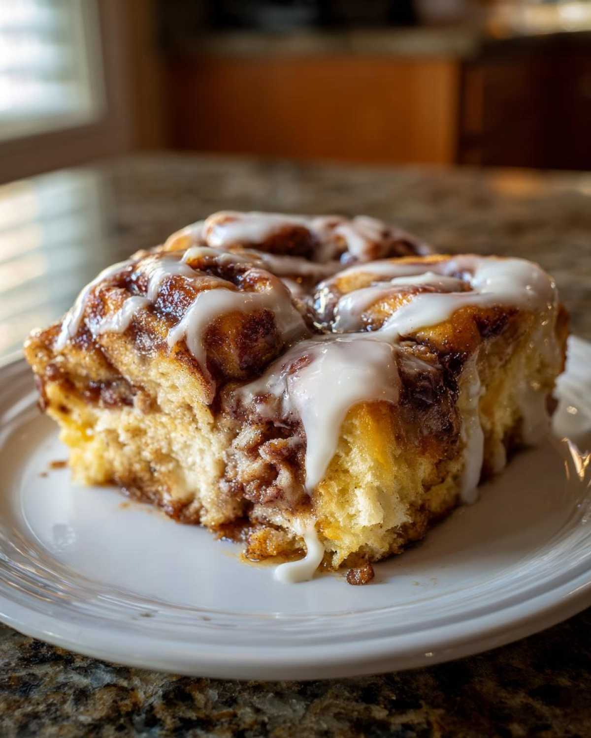 A close-up of a moist square slice of cinnamon roll casserole topped with thick white icing.