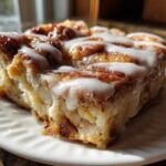 Close-up of a single, fluffy serving of cinnamon roll casserole topped with white icing.