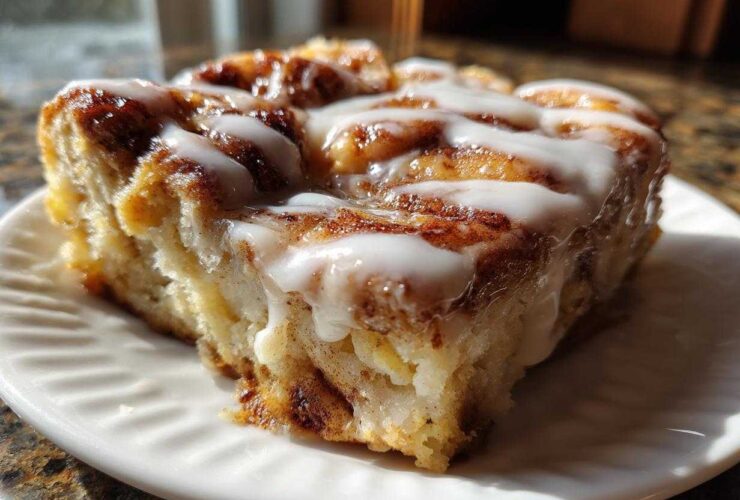 Close-up of a single, fluffy serving of cinnamon roll casserole topped with white icing.