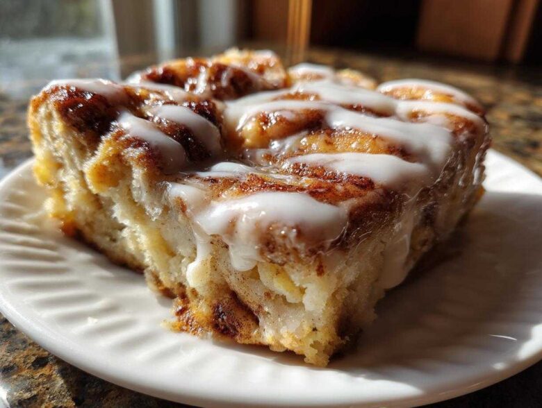 Close-up of a single, fluffy serving of cinnamon roll casserole topped with white icing.
