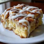 A close-up of a moist, square slice of cinnamon roll casserole topped with rich cinnamon swirl and thick white icing.