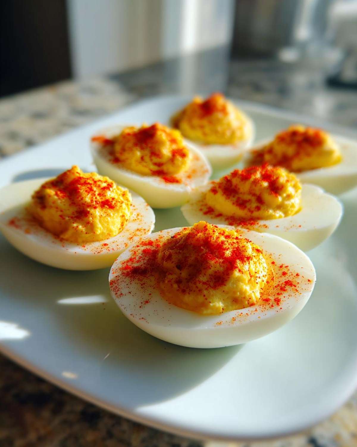 Six halves of classic deviled eggs filled with creamy yolk mixture and sprinkled generously with bright red paprika.