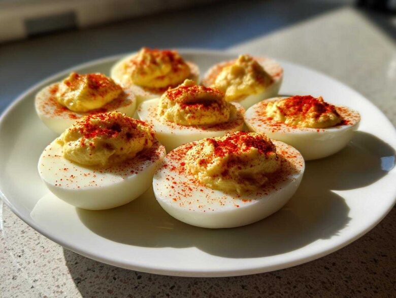 A white plate holding six creamy, perfectly piped deviled eggs, generously dusted with bright red paprika.