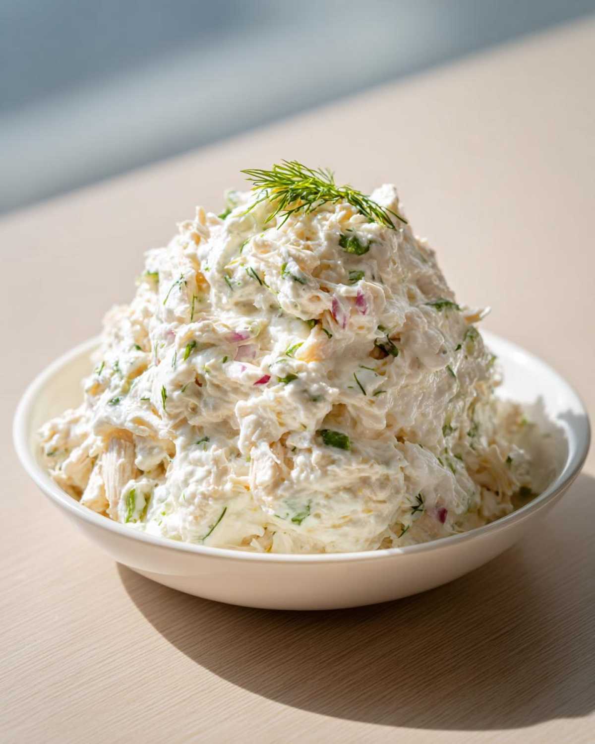 A generous mound of creamy cottage cheese chicken salad mixed with herbs and red onion, topped with fresh dill.