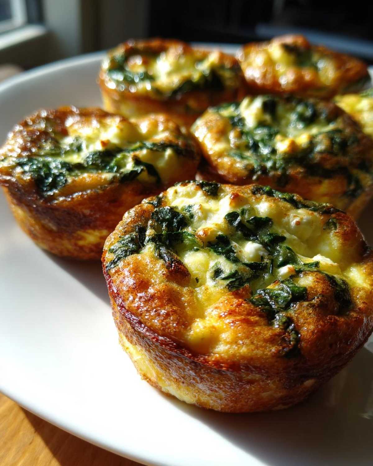 Close-up of golden brown Cottage Cheese Egg Cups With Spinach & Feta on a white plate.