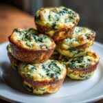 A stack of golden-brown Cottage Cheese Egg Cups With Spinach & Feta on a white plate.