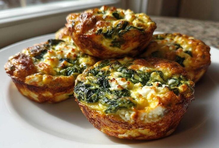 A close-up of four golden-brown Cottage Cheese Egg Cups With Spinach & Feta stacked on a white plate.