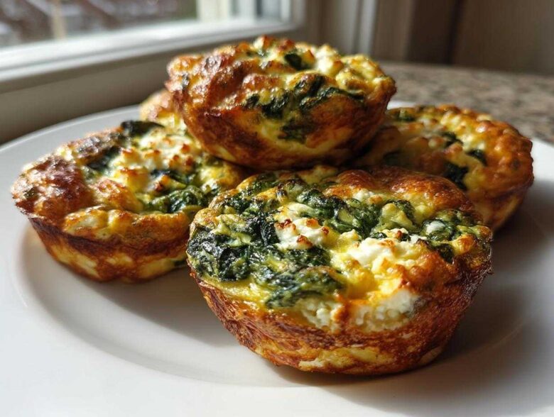 A close-up of four golden-brown Cottage Cheese Egg Cups With Spinach & Feta stacked on a white plate.