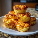 A stack of golden-brown, fluffy cottage cheese egg cups starbucks hack served on a white plate.