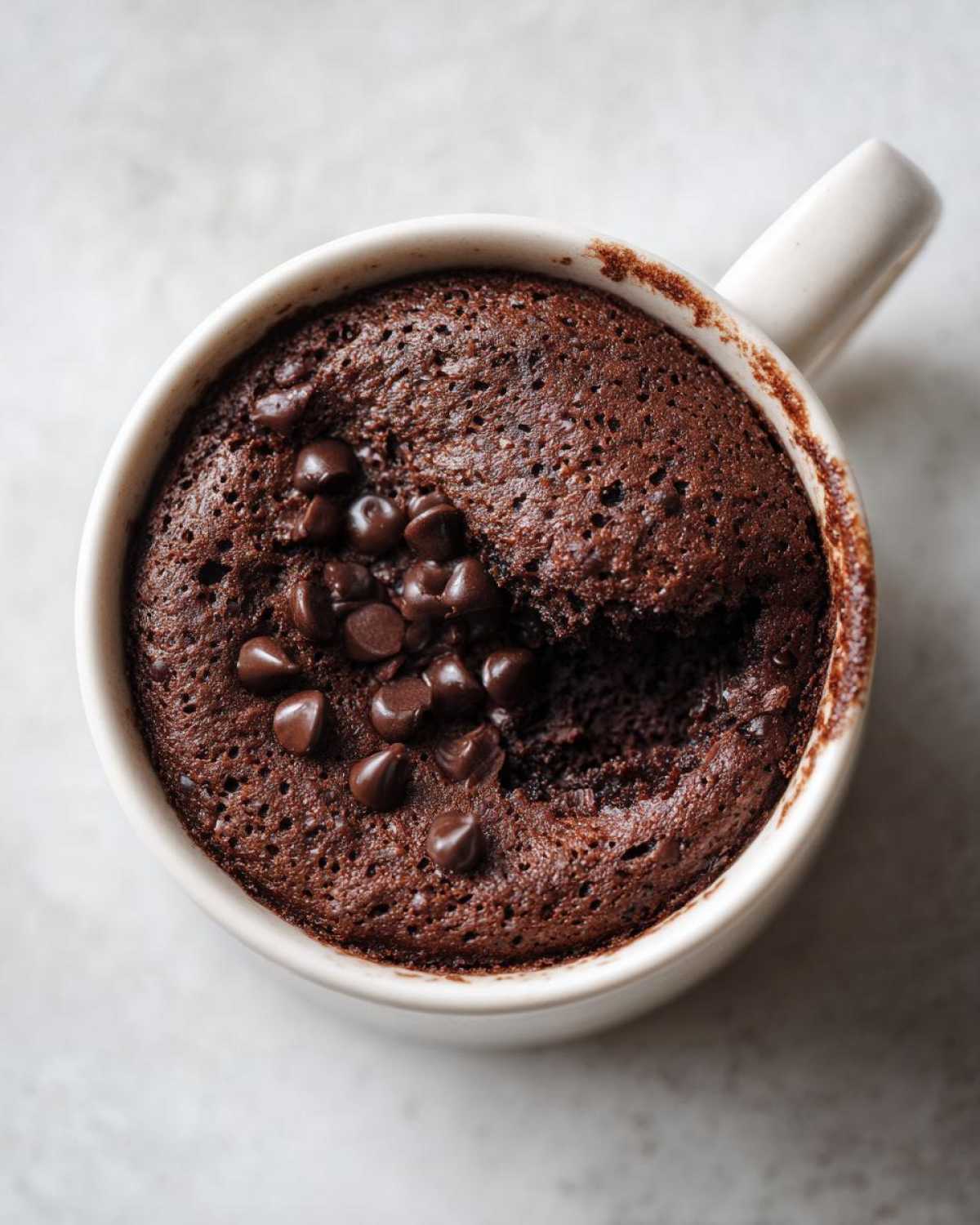Overhead view of a rich, dark chocolate Cottage Cheese Microwave Brownie topped with melted chocolate chips in a white mug.