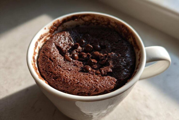 A rich, dark chocolate Cottage Cheese Microwave Brownie baked in a white mug, topped with chocolate chips.