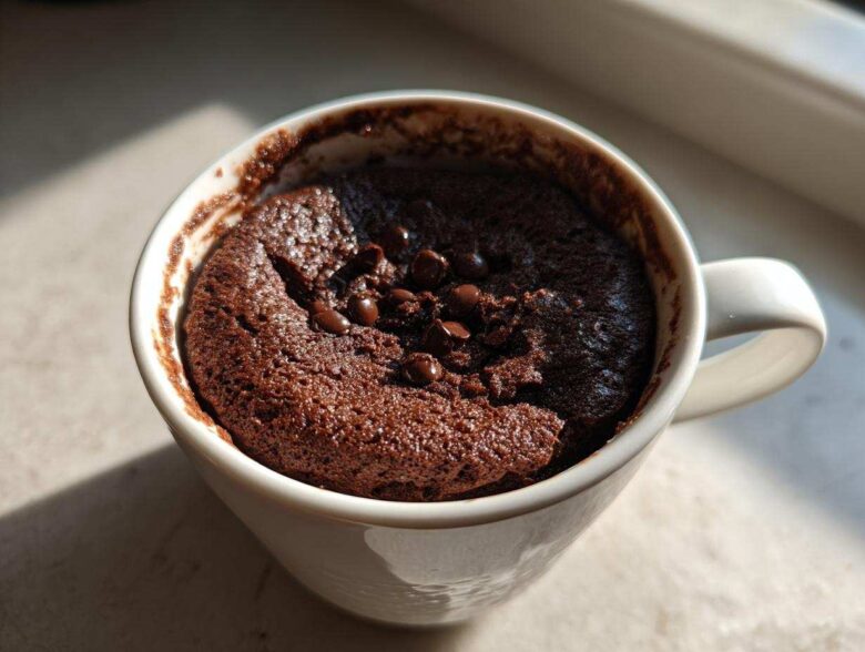 A rich, dark chocolate Cottage Cheese Microwave Brownie baked in a white mug, topped with chocolate chips.