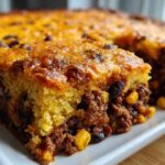 Close-up of a serving of cowboy cornbread casserole showing the thick cornbread top layer and savory meat and corn filling.