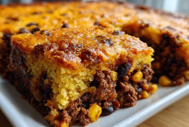 Close-up of a serving of cowboy cornbread casserole showing the thick cornbread top layer and savory meat and corn filling.