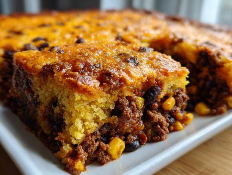 Close-up of a serving of cowboy cornbread casserole showing the thick cornbread top layer and savory meat and corn filling.